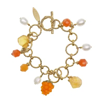 Farra Women's Orange Spring Garden Raspberry And Citrine Pearl Chain Bracelet