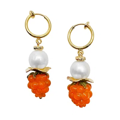 Farra Women's Orange / White Pearls With Orange Rasberry Clip-on Earrings In Multi