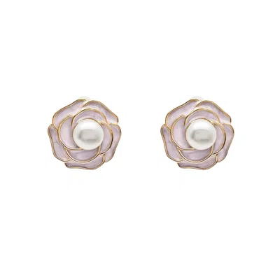 Farra Women's Pink Enamel Flower Stud Earrings With Freshwater Pearl