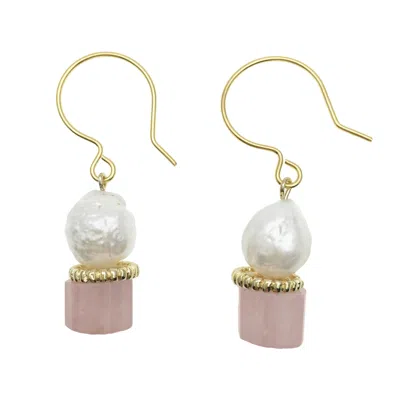 Farra Women's Pink Freshwater Pearl With Rose Quartz Hoop Earrings