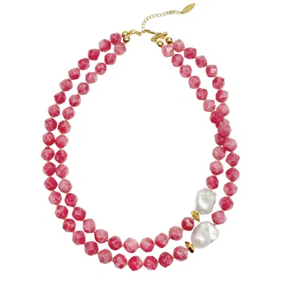 Farra Women's Pink Gemstone With Baroque Pearls Double Layers Necklace