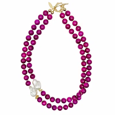 Farra Women's Pink Magenta Gemstones With Baroque Pearls Double Layers Necklace