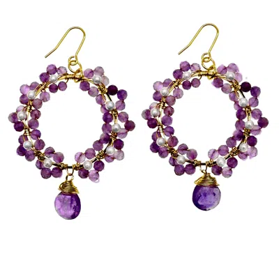 Farra Women's Pink / Purple Amethyst And Freshwater Handcrafted Flower Hoop Earrings In Gold