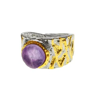 Farra Women's Pink / Purple Amethyst Stone Platinum Plated Brass Adjustable Ring