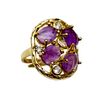 Farra Women's Pink / Purple Amethyst Stone Setting Statement Ring In Gold