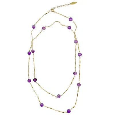 Farra Women's Pink / Purple Amethyst Stones Long Chain Necklace In Gold