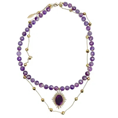 Farra Women's Pink / Purple Amethyst Stones With Pendant Double Layers Necklace