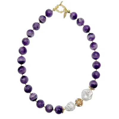 Farra Women's Pink / Purple Amethyst With Baroque Pearls Statement Necklace In Blue