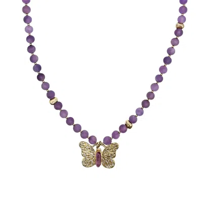 Farra Women's Pink / Purple Amethyst With Butterfly Pendant Necklace