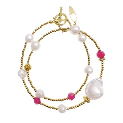 Farra Women's Pink / Purple Baroque Pearls With Pink Gemstones Double Layers Bracelet / Choker In Gold