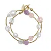 Farra Women's Pink / Purple Baroque Pearls With Rose Quartz And Amethyst Double Layers Bracelet