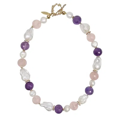 Farra Women's Pink / Purple Baroque Pearls With Rose Quartz And Amethyst Necklace