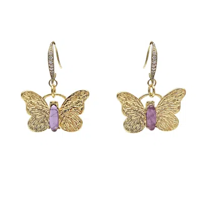 Farra Women's Pink / Purple Butterfly With Amethyst Stone Dangle Earrings