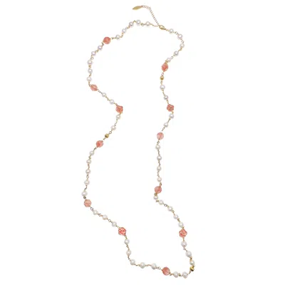 Farra Women's Pink / Purple Freshwater Pearls And Pink Watermelon Quartz With Rose Charms Long Necklace In White