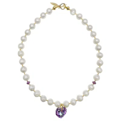 Farra Women's Pink / Purple Freshwater Pearls With Swarovski Heart Pendant Short Necklace In White