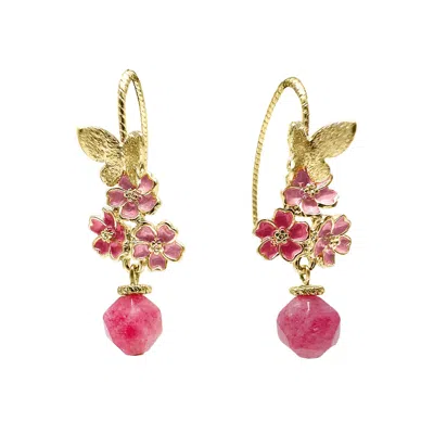 Farra Women's Pink / Purple Glazed Flower With Pink Gemstone Dangle Earrings