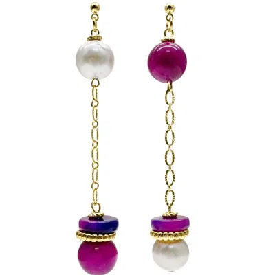 Farra Women's Pink / Purple Gray Freshwater Pearls And Magenta Gemstone Dangle Earrings In Gold