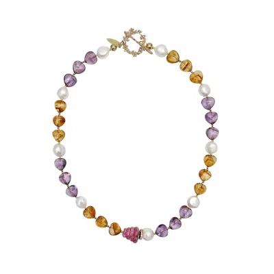 Farra Women's Pink / Purple Heart Citrine And Amethyst With Raspberry And Pearls Necklace