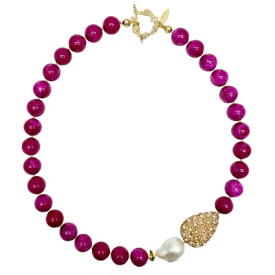 Farra Women's Pink / Purple Magenta Gemstone With Baroque Pearl Pendant Statement Necklace