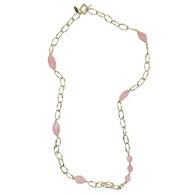 Farra Women's Pink / Purple Nugget Rose Quartz With Chain Long Necklace