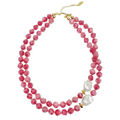 Farra Women's Pink / Purple Pink Gemstone With Baroque Pearls Double Layers Necklace