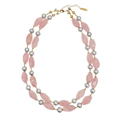 Farra Women's Pink / Purple Pink Rose Quartz And Gray Freshwater Pearls Double Layers Necklace