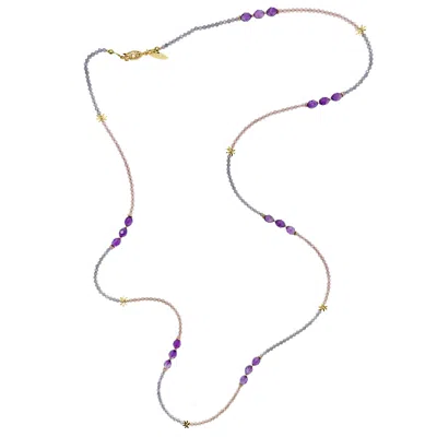 Farra Women's Pink / Purple Purple Gemstone Color Matching Versatile Long Necklace In Gold