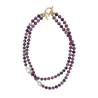 Farra Women's Pink / Purple Purple Ruby With Baroque Pearls Double Layers Necklace