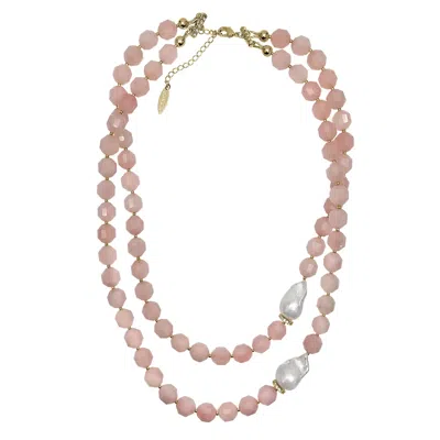 Farra Women's Pink / Purple Rose Quartz With Baroque Pearls Double Layers Necklace