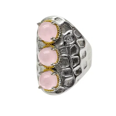 Farra Women's Pink / Purple / Silver Rose Quartz Stones Nugget Adjustable Ring In Gold