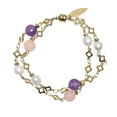 Farra Women's Pink Rose Quart Amethyst And Freshwater Pearl Double Layers Chain Bracelet