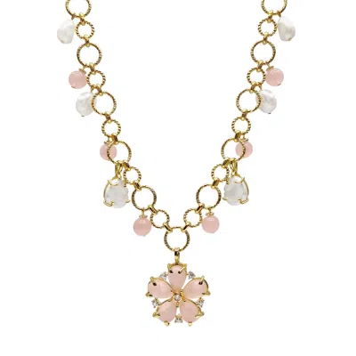 Farra Women's Pink Rose Quartz Flower Pendant With Pearls Chain Necklace