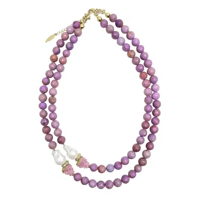 Farra Women's Pink Sugilite With Baroque Pearls And Raspberry Double Layers Necklace