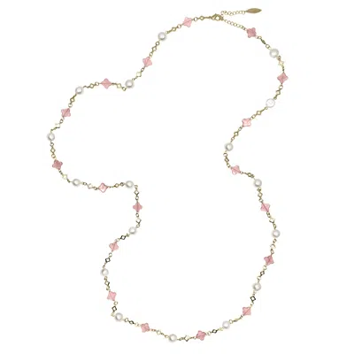 Farra Women's Pink Watermelon Quartz And Freshwater Pearl Station Necklace