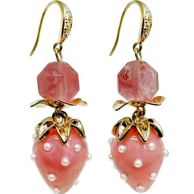Farra Women's Pink Watermelon Quartz With Strawberry Glass Dangle Earrings