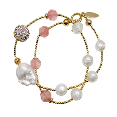 Farra Women's Pink / White Watermelon Quartz & Freshwater Pearls Double Wrapped Bracelet In Multi