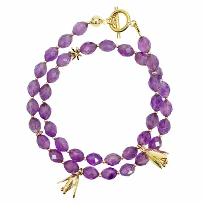 Farra Women's Purple Amethyst With Flower Charms Double Layers Bracelet Or Choker