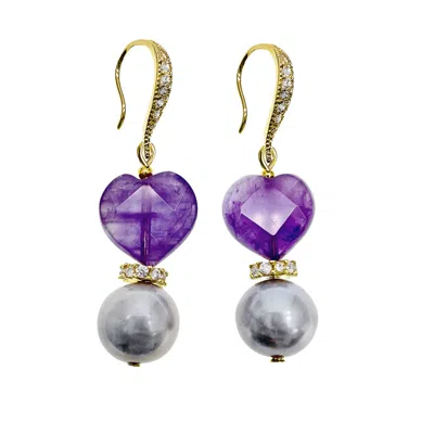 Farra Women's Purple Heart Shaped Amethyst With Gray Freshwater Pearl Earrings