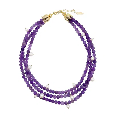 Farra Women's Purple Multi-layers Matte Amethyst With Pearls Statement Necklace