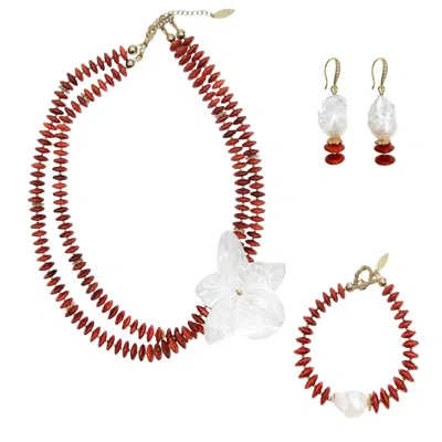 Farra Women's Purple Red Bamboo Coral With Flower Shell Double Layers Necklace Set