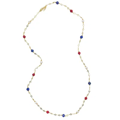 Farra Women's Red Bamboo Coral And Blue Lapis Long Station Necklace In Multi