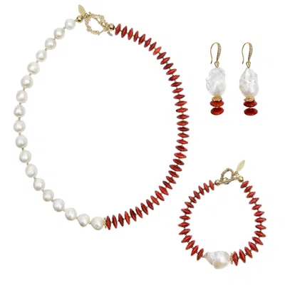 Farra Women's Red Bamboo Coral With Freshwater Pearls Necklace Set In Gold