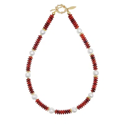 Farra Women's Red Bamboo Coral With Freshwater Pearls Statement Necklace