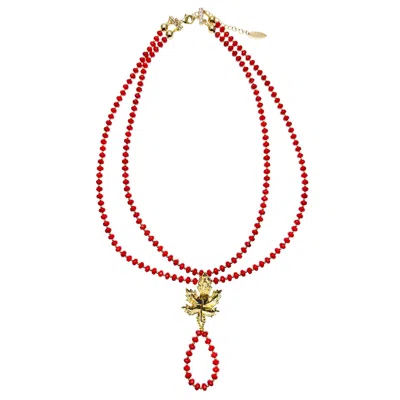 Farra Women's Red Bamboo Corals With Maple Leaf Pendant Necklace In Orange