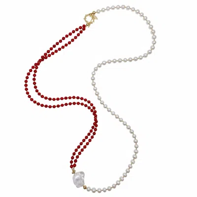 Farra Women's Red Coral & Freshwater Pearls Multi-way Long Necklace