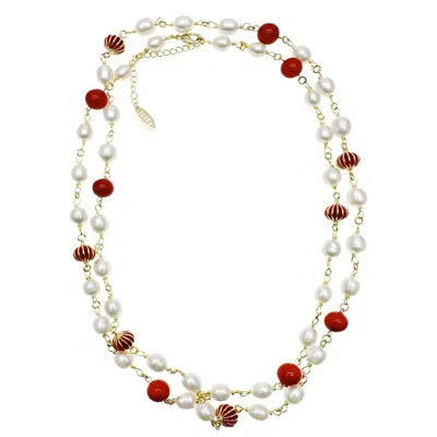 Farra Women's Red Coral And Freshwater Pearls With Chinese Lantern Station Necklace