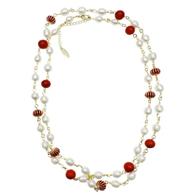 Farra Women's Red Coral And Freshwater Pearls With Chinese Lantern Station Necklace In White
