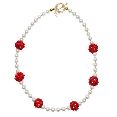 Farra Women's Red Coral Flower Ball And Freshwater Pearls Statement Necklace