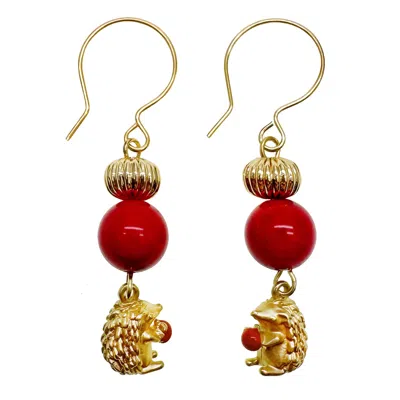 Farra Women's Red Coral Hedgehog Dangle Hoop Earrings In Gold