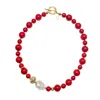 Farra Women's Red Coral With Baroque Pearl Statement Necklace